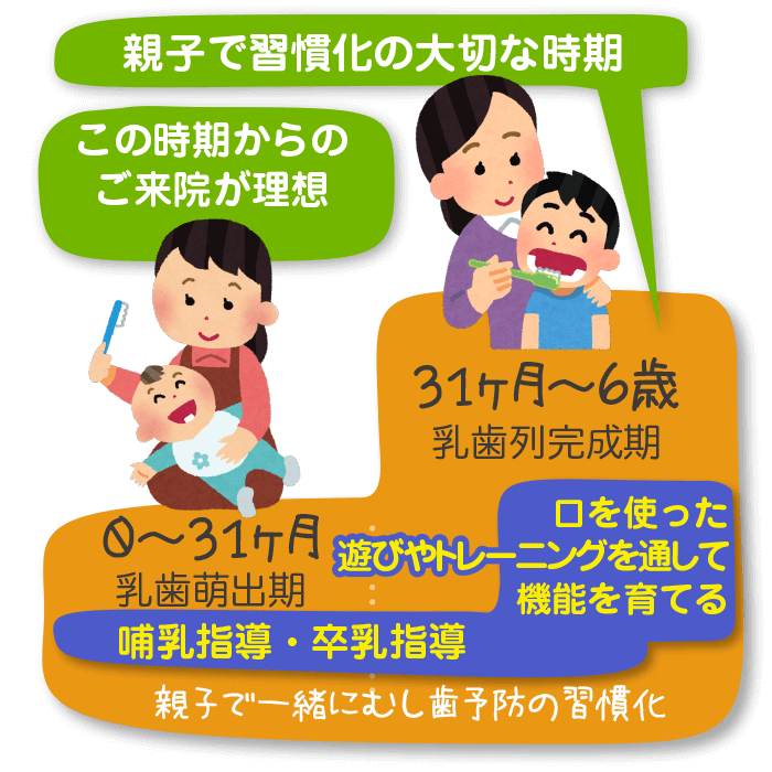 0〜5歳はむし歯ゼロ習慣化のための大切な時期のステップ図